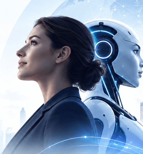 A professional woman and a humanoid AI robot looking ahead together