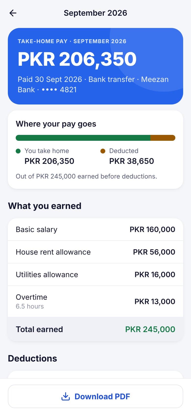 Mobile payslip with take-home pay, earnings and deductions