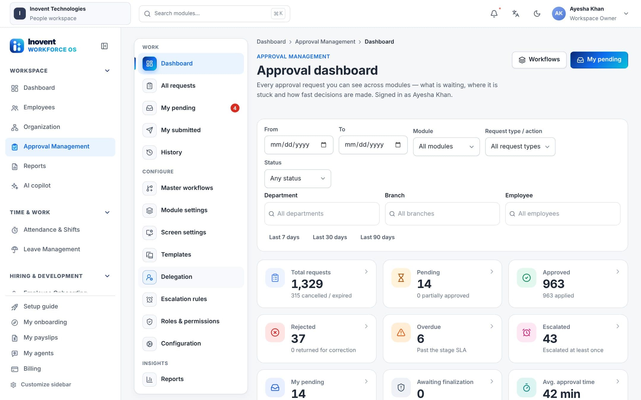 Approval management inbox with requests waiting for a decision