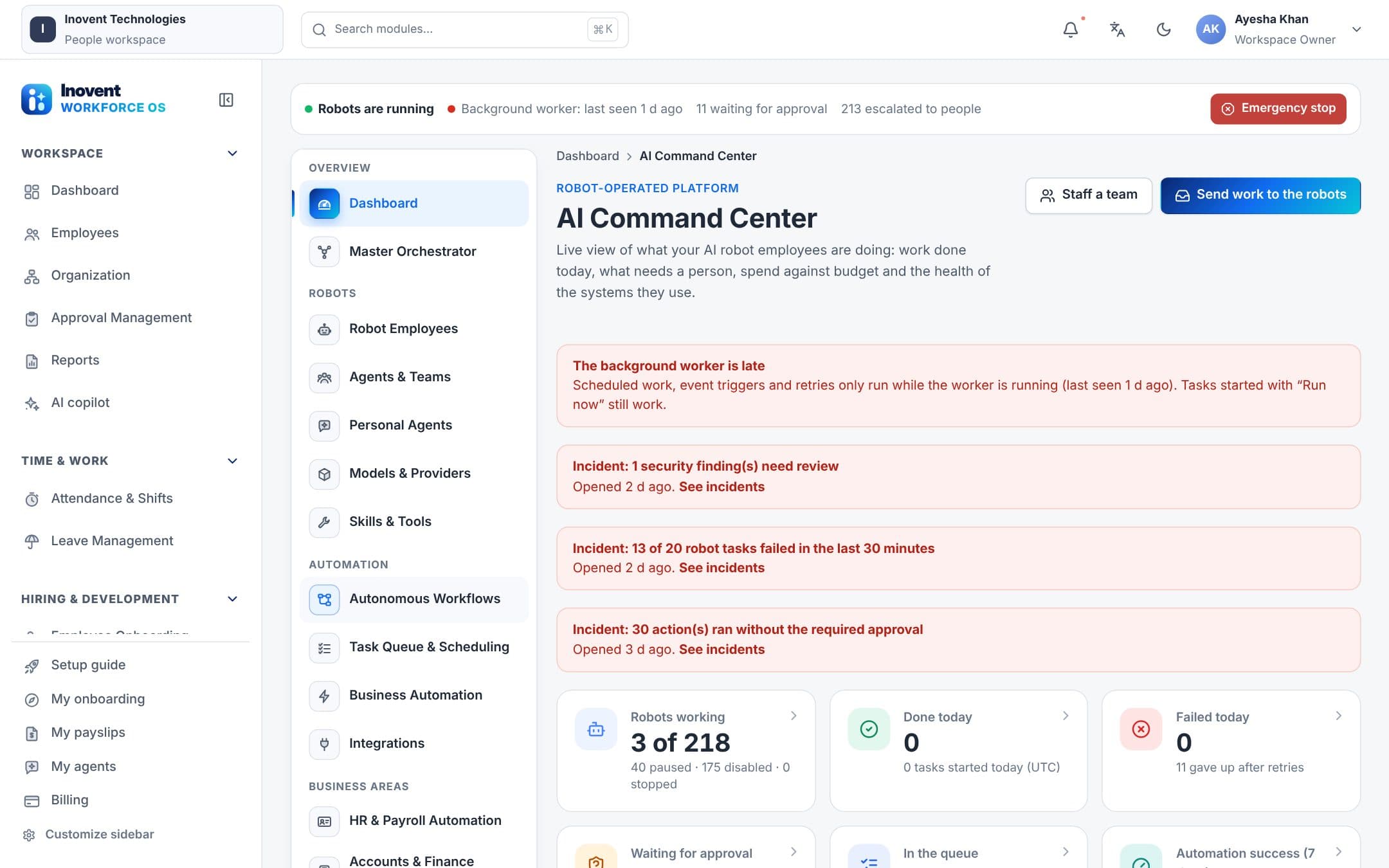 AI Command Center showing robot status, incidents, work done today and an emergency stop