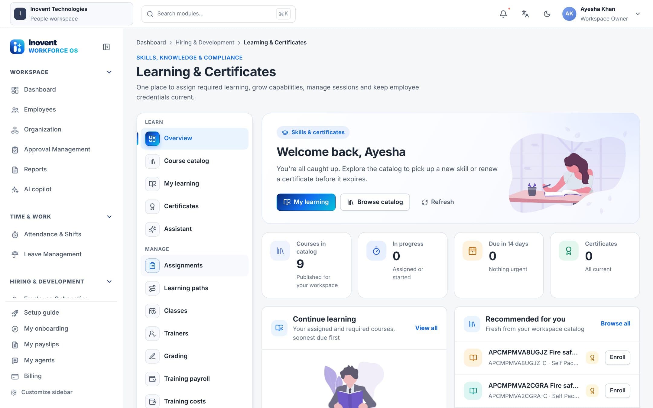 Learning workspace with courses, assignments and certificates