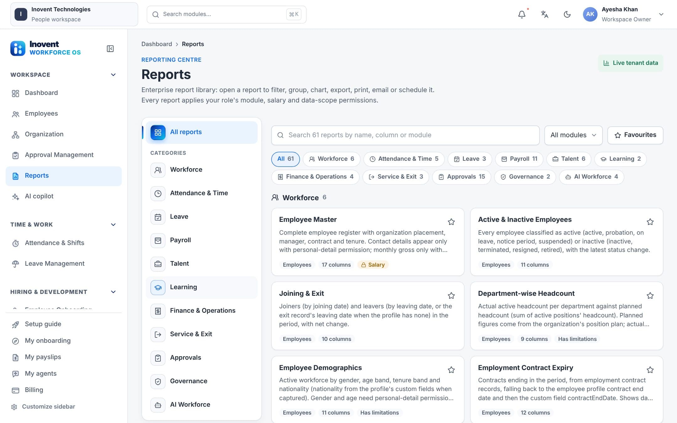 Reports center listing ready-made reports with export options