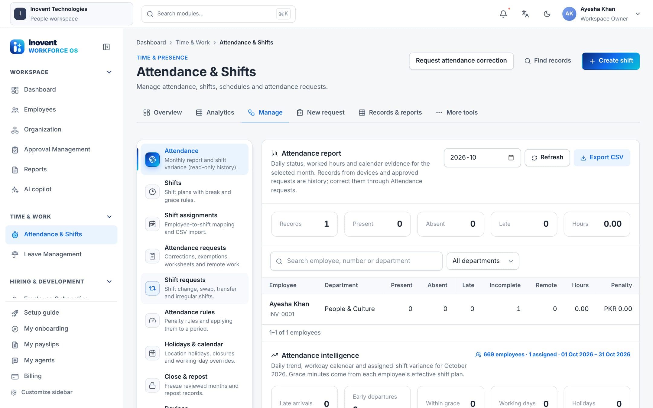 Attendance and shifts screen with daily attendance and requests
