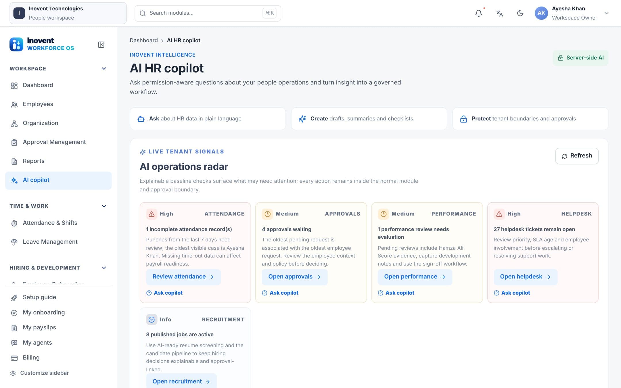 AI copilot with an operations radar of attendance, approval, performance and helpdesk signals