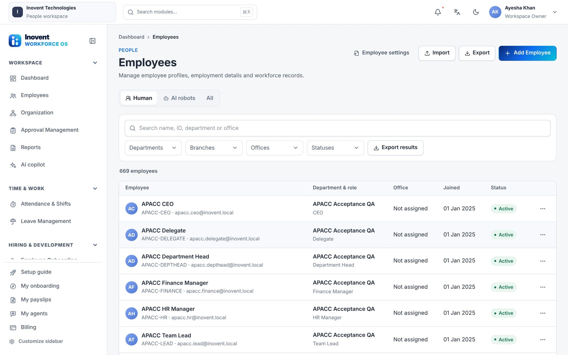 Employee directory with search, filters and employee records