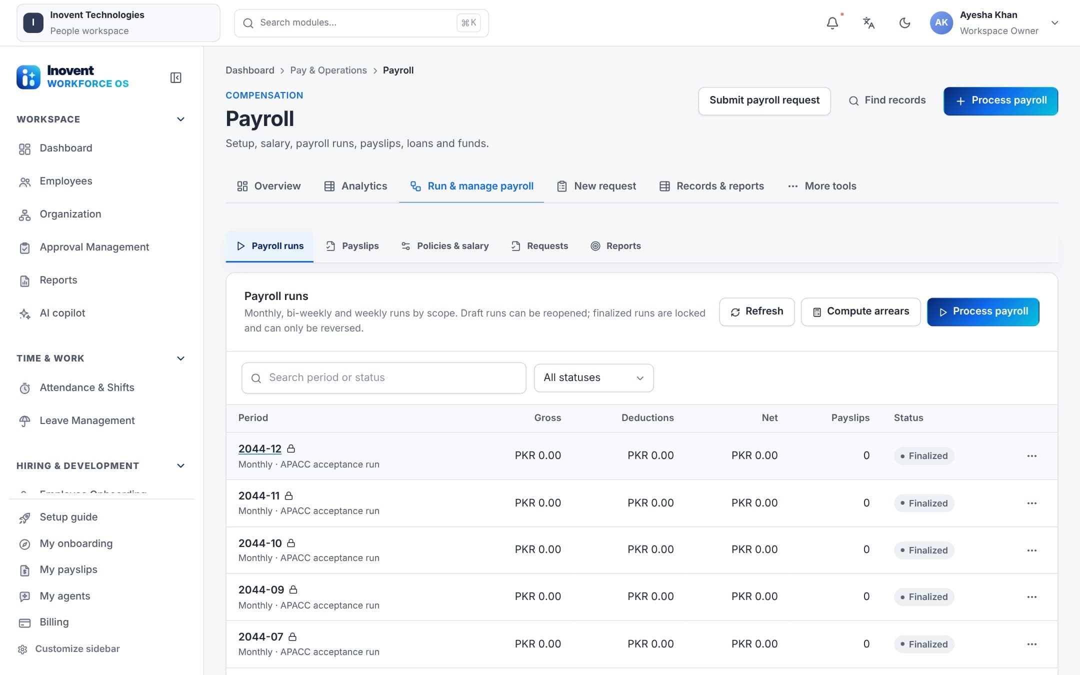 Payroll screen with pay runs, approvals and payslips